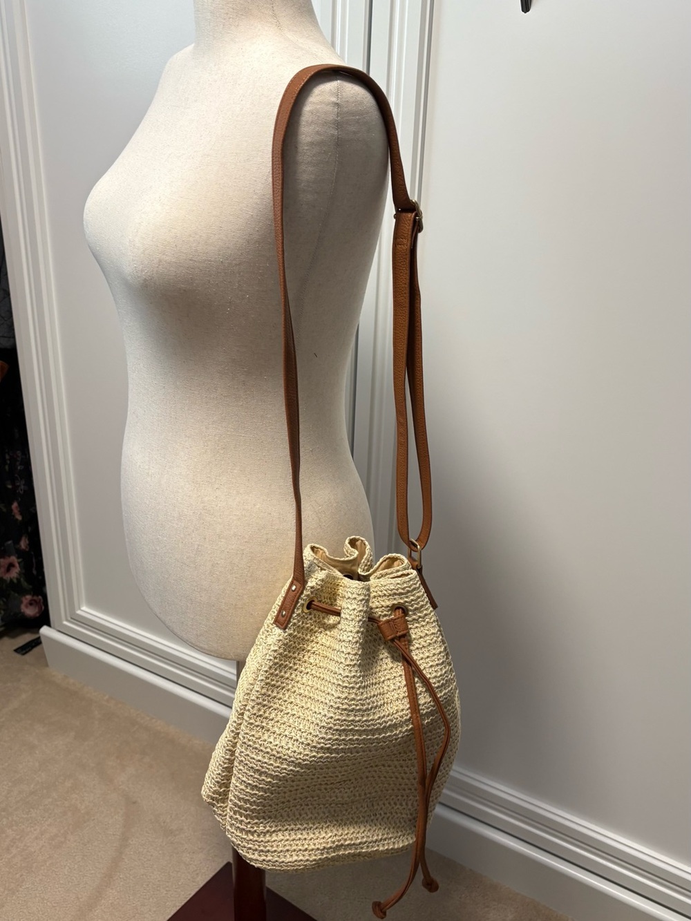 Montce Cream Woven Drawstring Crossbody with Tan Strap